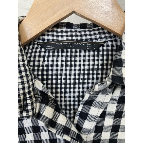 ZARA women’s Black White Mixed Print Checked Plaid Flannel Button Down Top - Picture 2 of 6